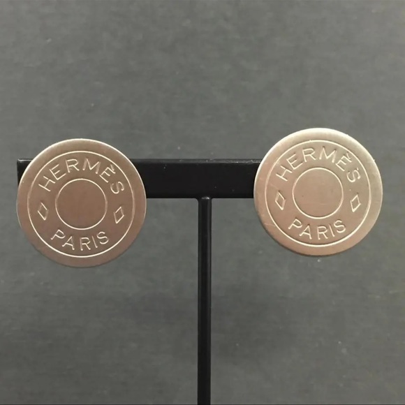 HERMES SILVER COIN LOGO BIJOUTERIE FANTAISE CLIP-ON EARRINGS + BOX - Picture 4 of 13